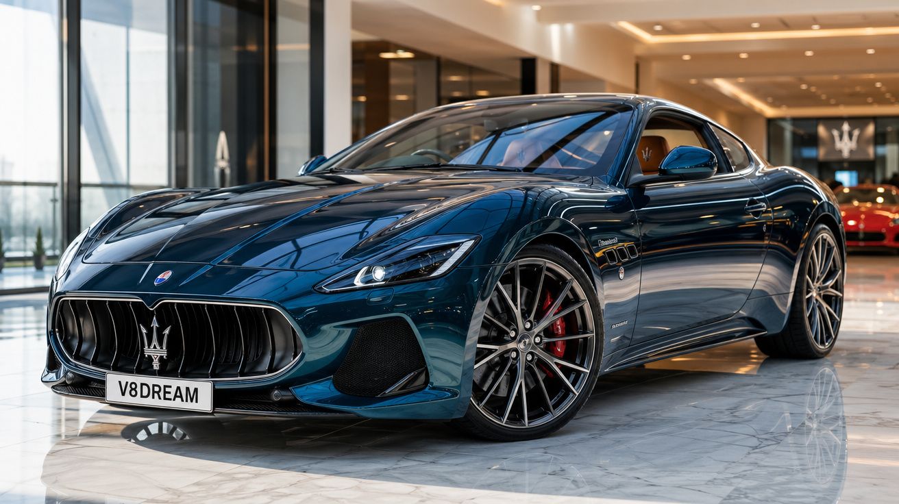 Carro desportivo Maserati azul escuro estacionado num showroom moderno e luminoso.