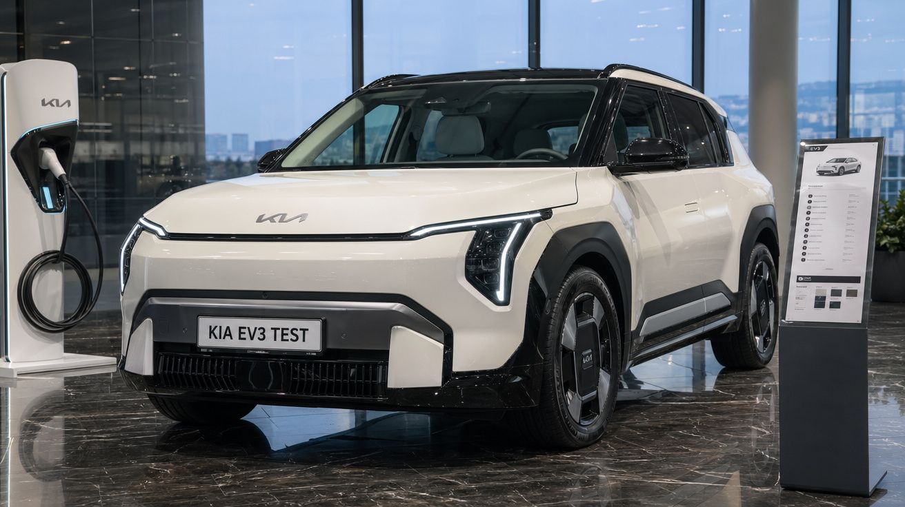 Carro elétrico branco Kia EV3 Test estacionado numa sala com carregador e painel informativo.