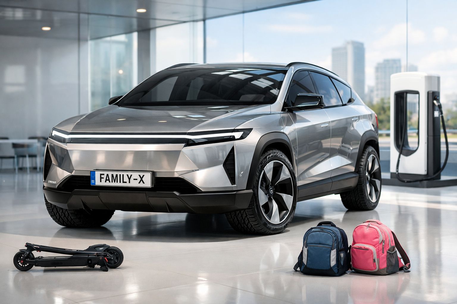 Carro elétrico cinzento estacionado numa garagem moderna ao lado de uma estação de carregamento, com mochilas e trotinetes.