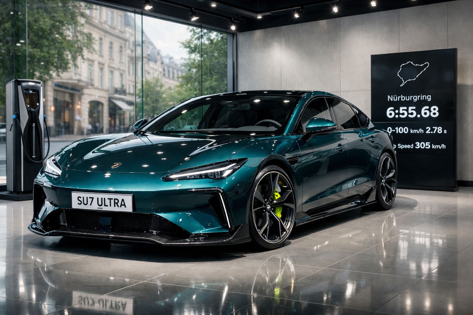 Carro desportivo elétrico verde metálico com jantes pretas e detalhes amarelos em sala de exposição moderna.