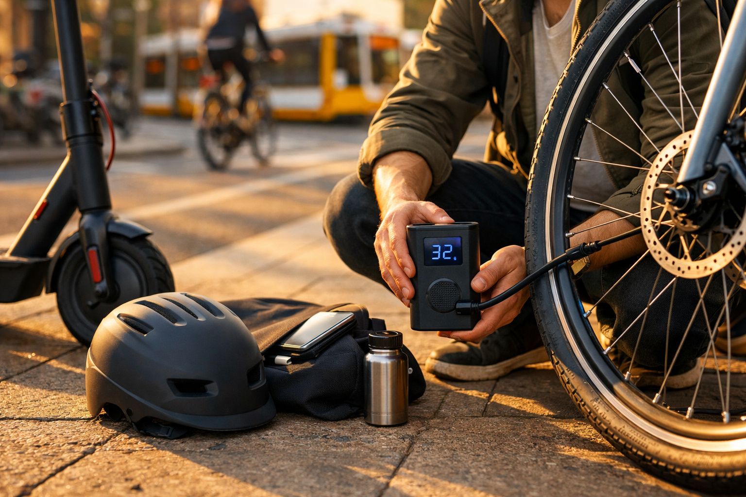 Pessoa a calibrar pneu de bicicleta com medidor digital, capacete e garrafa térmica no chão.