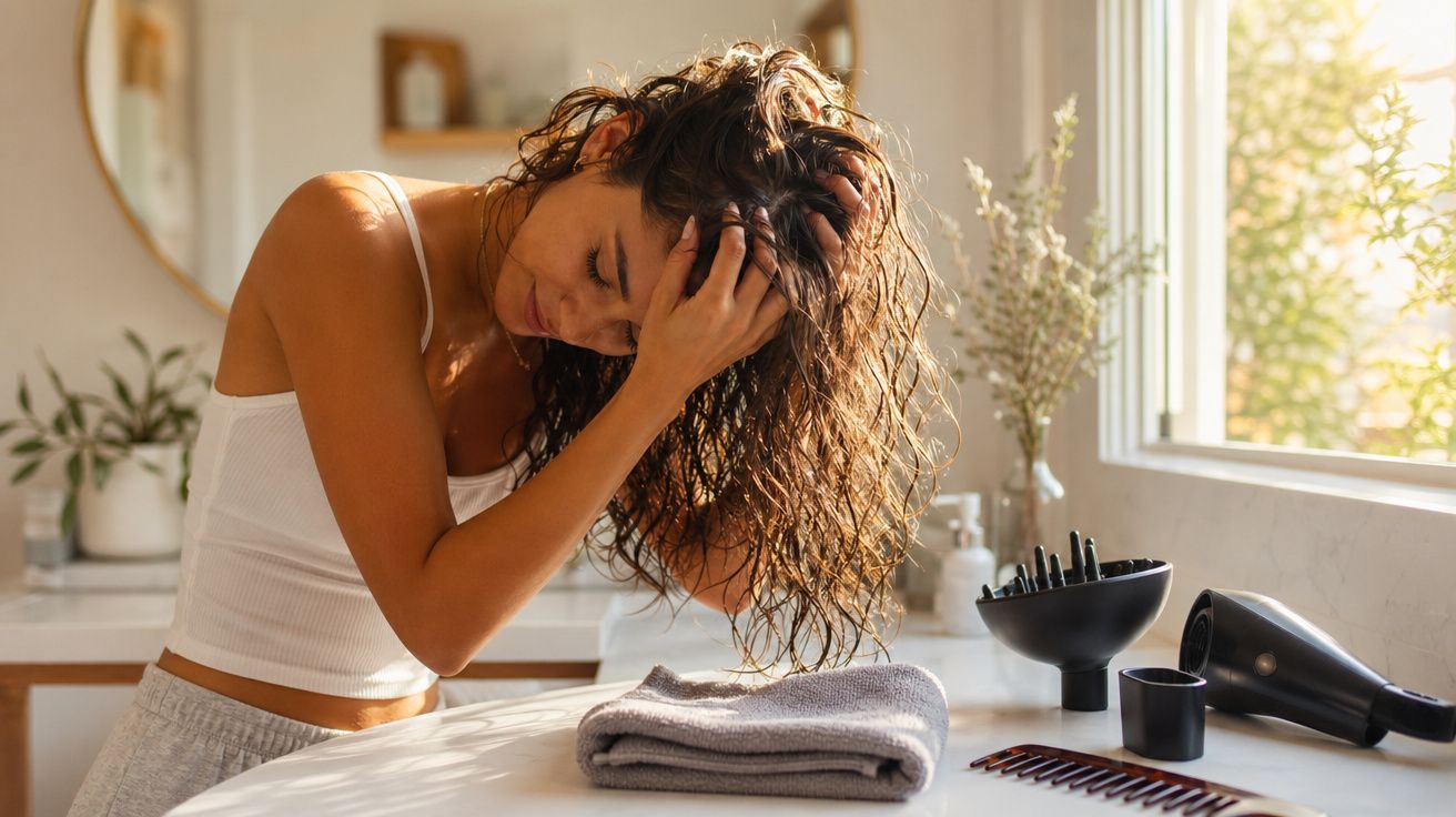 Mulher de cabelo molhado penteia os cabelos num ambiente de casa iluminado pela luz natural.