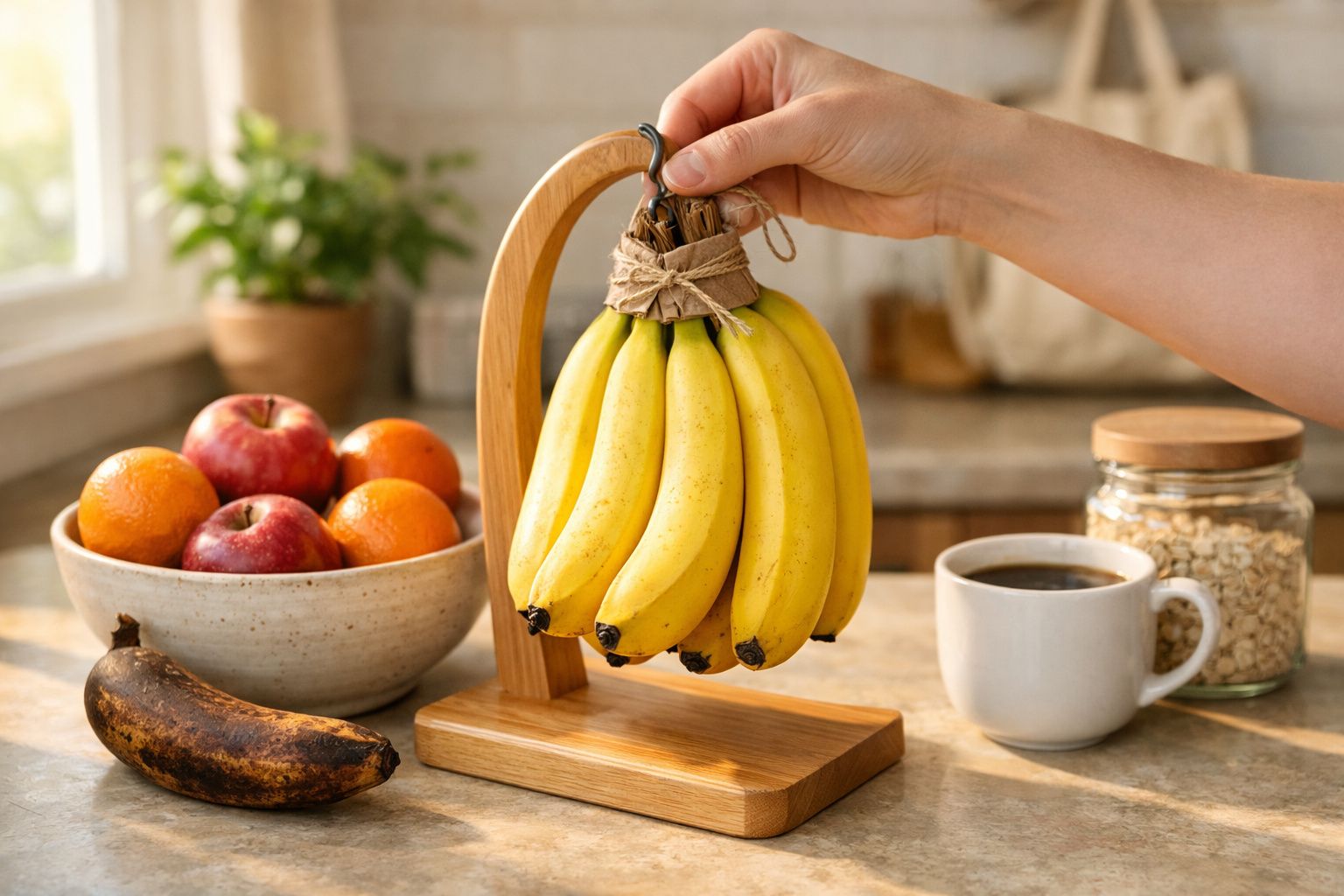 Mão a pendurar cacho de bananas num suporte de madeira numa cozinha com várias frutas e uma chávena de café.