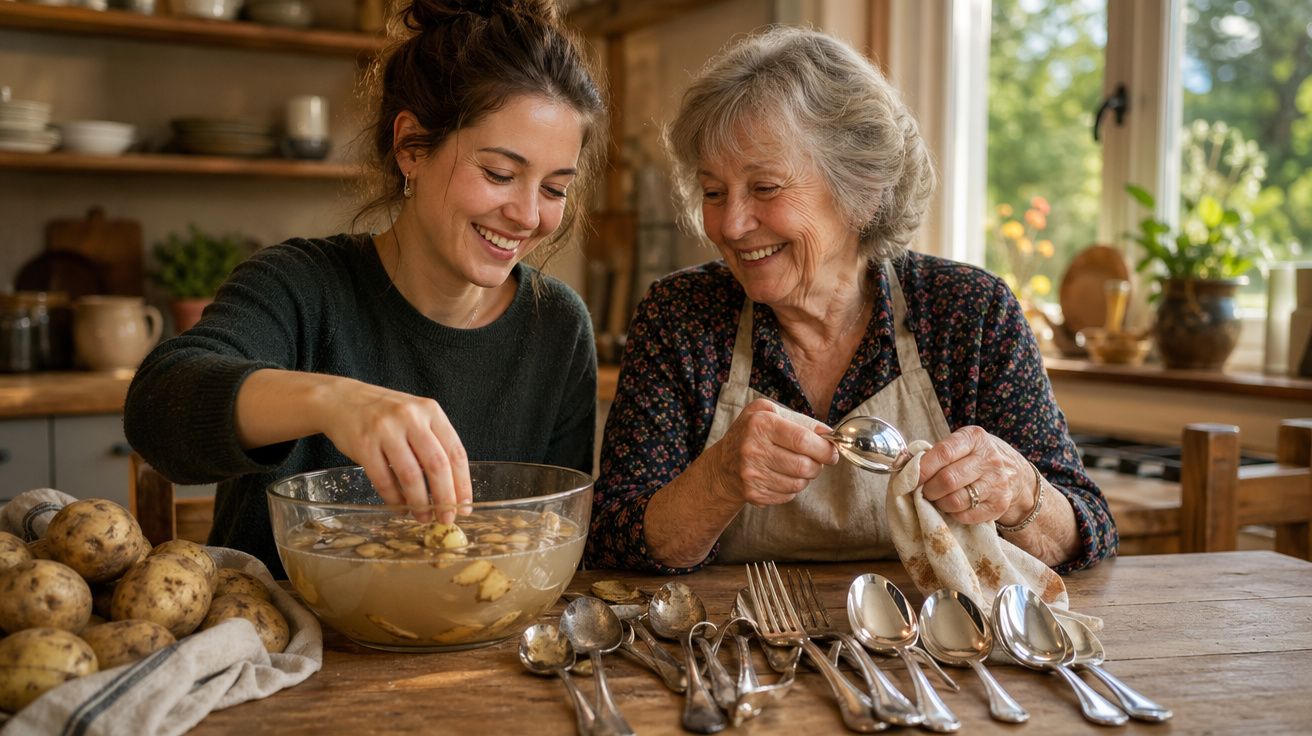 Duas mulheres, jovem e idosa, lavam batatas e talheres juntas numa cozinha iluminada e acolhedora.