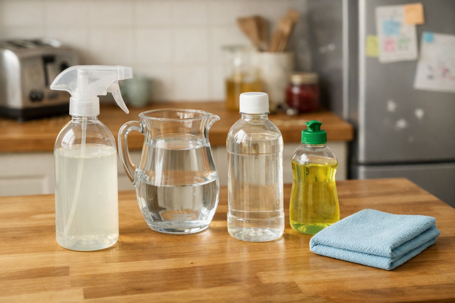 Frascos de spray, jarro de água, garrafa com líquido amarelo e pano azul dobrado numa mesa de madeira numa cozinha.