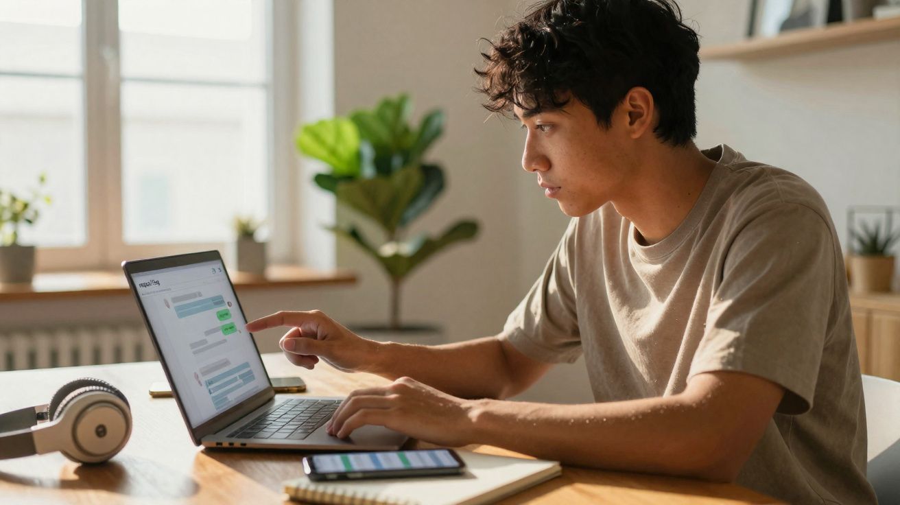 Jovem sentado a usar computador portátil e telemóvel, com auscultadores e caderno numa mesa iluminada.