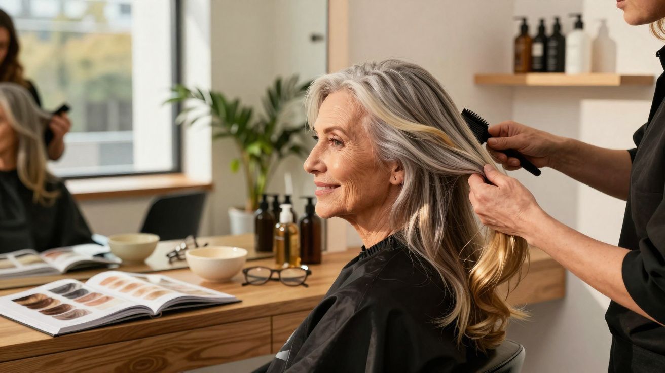 Mulher idosa num salão de cabeleireiro a pentear cabelo comprido e grisalho.