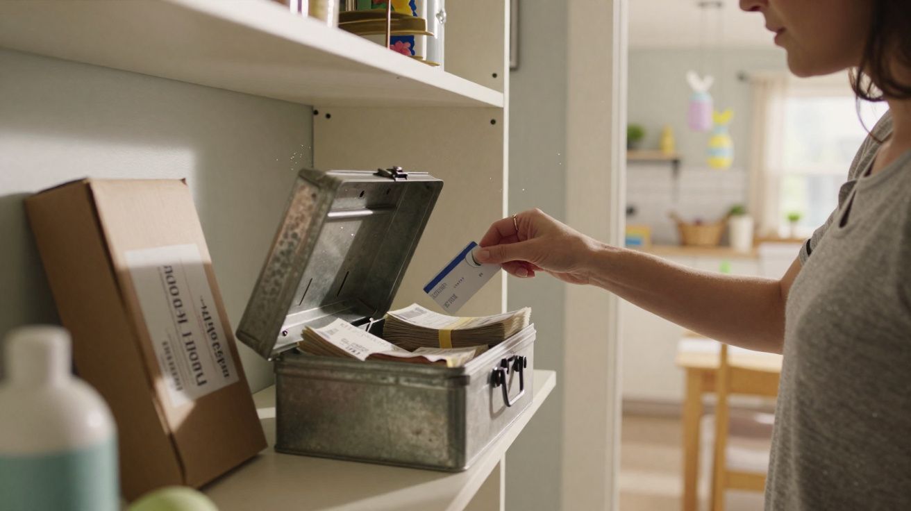 Pessoa a guardar cartão numa caixa metálica cheia de envelopes em prateleira doméstica.