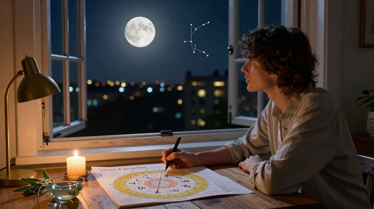 Pessoa a observar a lua cheia e constelação enquanto desenha num gráfico astrológico à luz de vela.