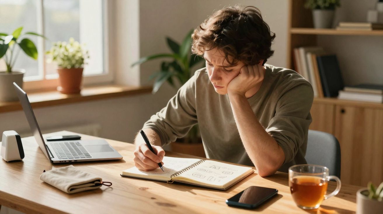 Jovem sentado a escrever num caderno à mesa com computador, smartphone e chá num ambiente luminoso e tranquilo.