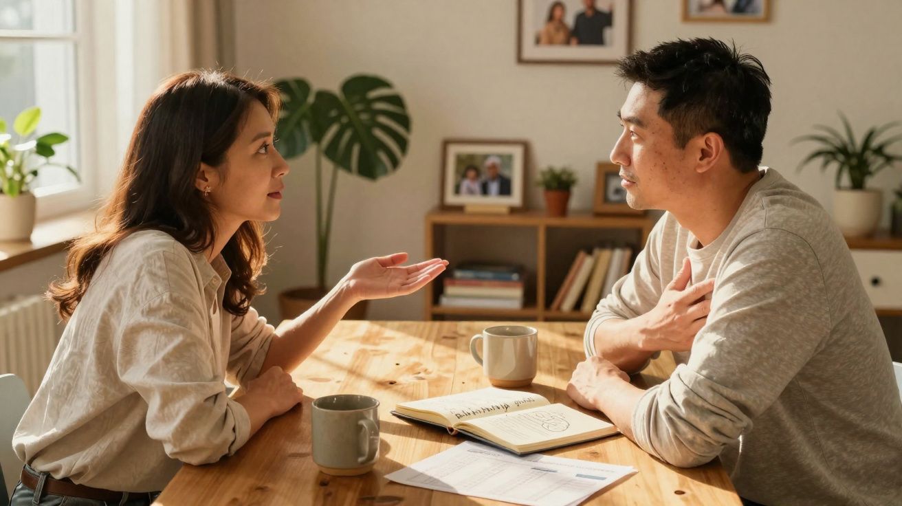 Casal sentado à mesa em casa, envolvido numa conversa séria com canecas e caderno à frente.