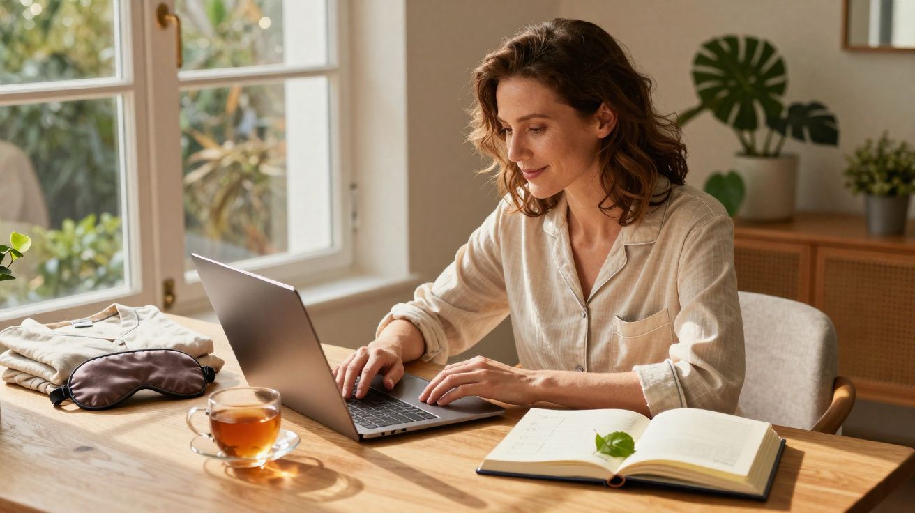 Mulher a trabalhar num portátil numa mesa com chá, caderno aberto e janela com luz natural.