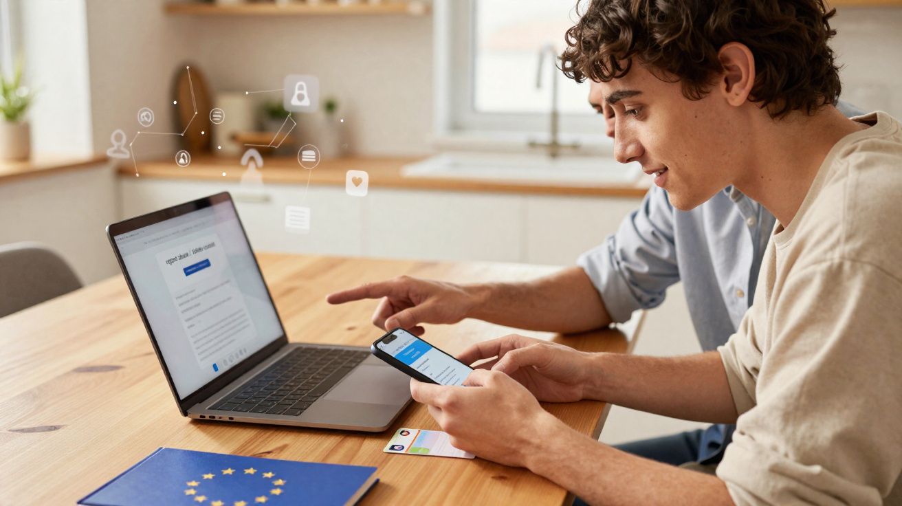 Duas pessoas sentadas a usar computador portátil e telemóvel numa mesa de madeira em espaço interior claro.