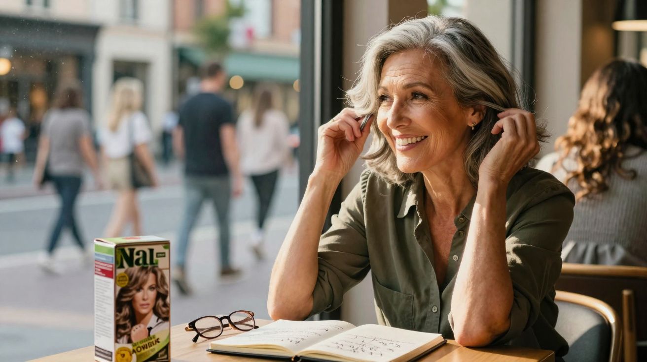 Mulher madura sorridente sentada num café com livro aberto e caixa de tintura de cabelo na mesa.