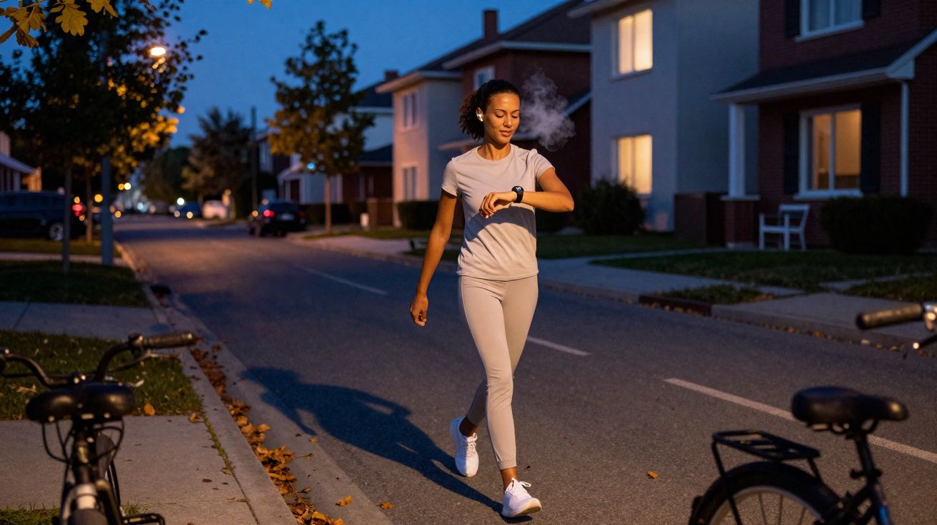 Mulher a caminhar numa rua residencial à noite, a olhar para o relógio no pulso.