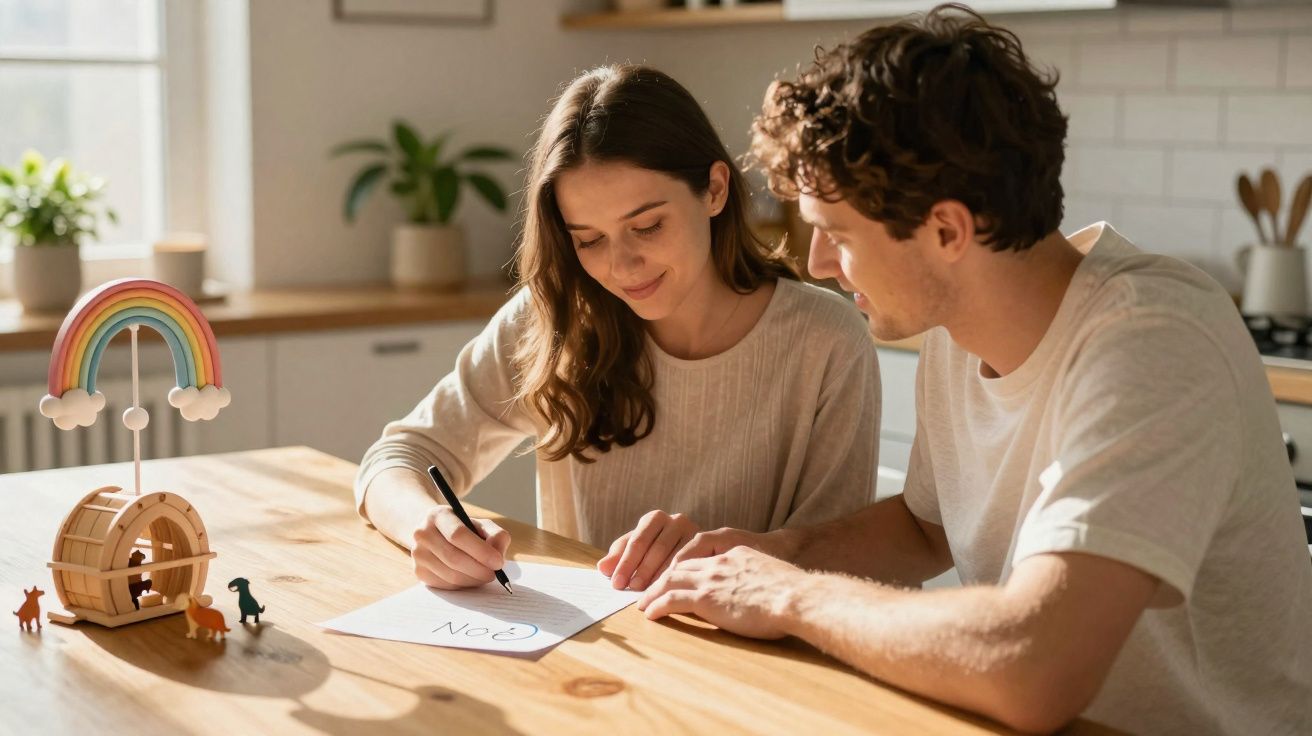 Casal sentado à mesa a escrever numa folha com brinquedos coloridos ao lado numa cozinha iluminada.