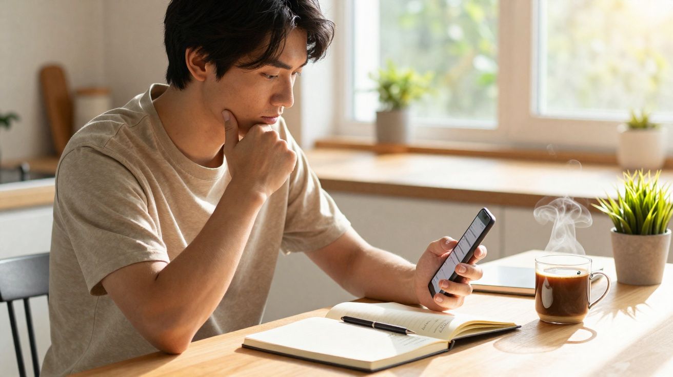 Homem pensativo sentado à mesa a olhar para o telemóvel, com caderno aberto e chá quente ao lado.