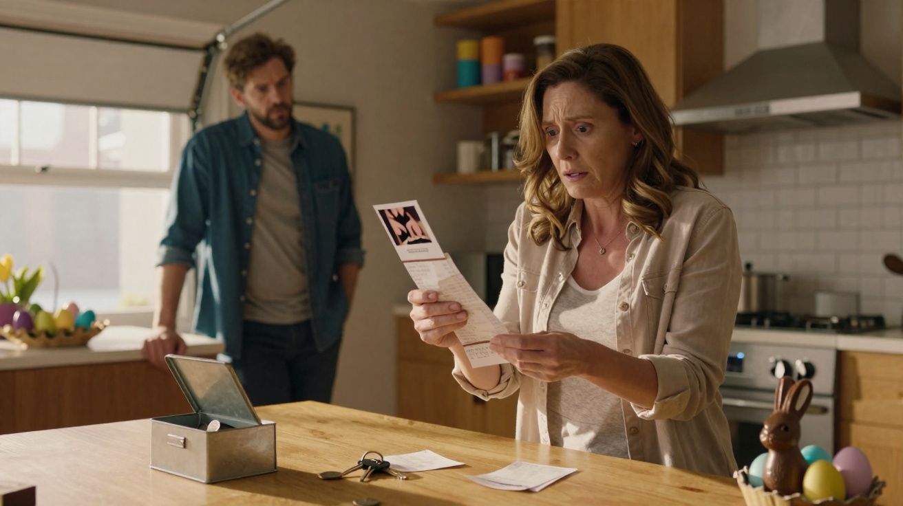 Mulher preocupada a ler uma carta na cozinha, homem observa ao fundo.