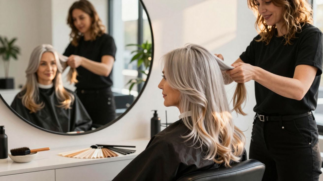 Mulher de cabelos grisalhos a ser penteada por cabeleireira num salão moderno com espelho redondo.