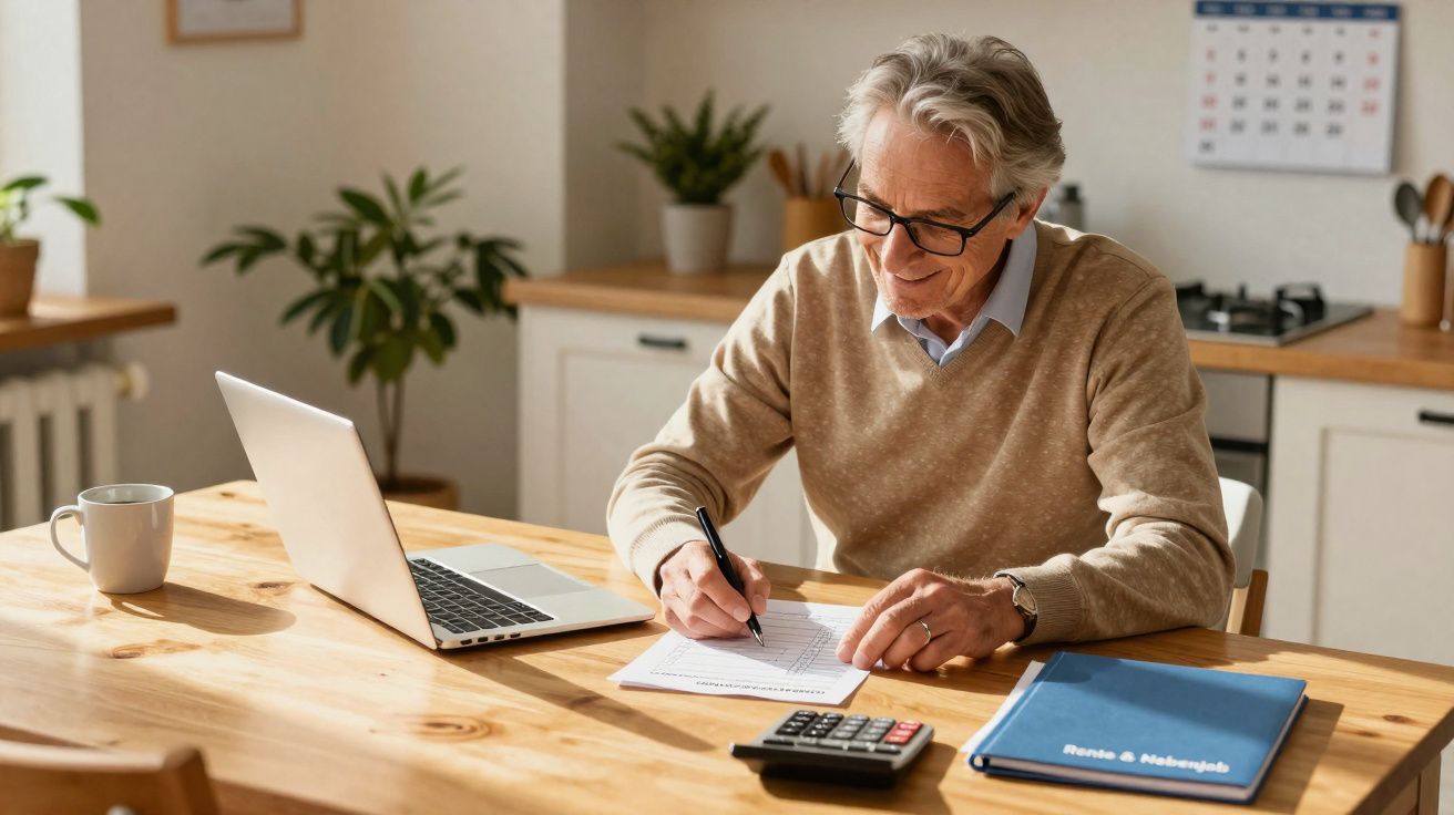 Homem idoso sentado a escrever numa folha, com portátil, calculadora e agenda numa mesa de cozinha.