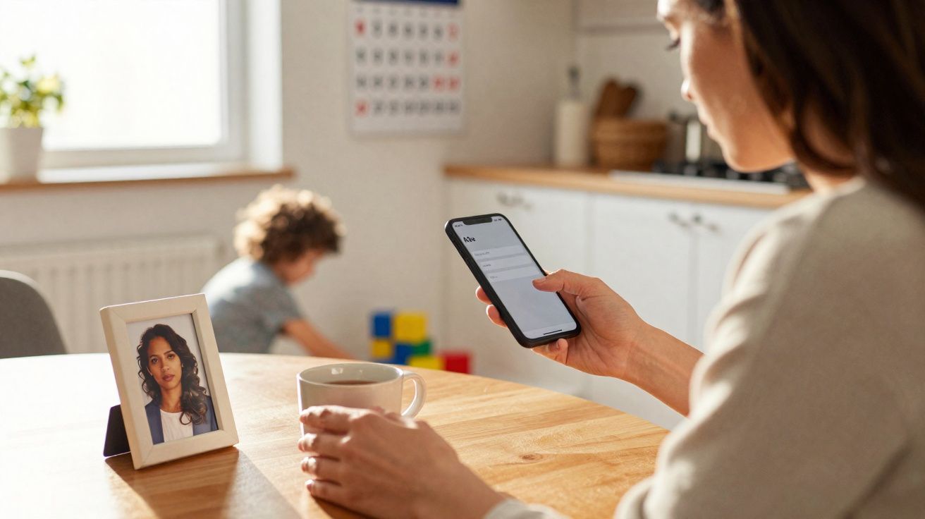 Mulher segura telemóvel e caneca enquanto criança brinca ao fundo numa cozinha iluminada.