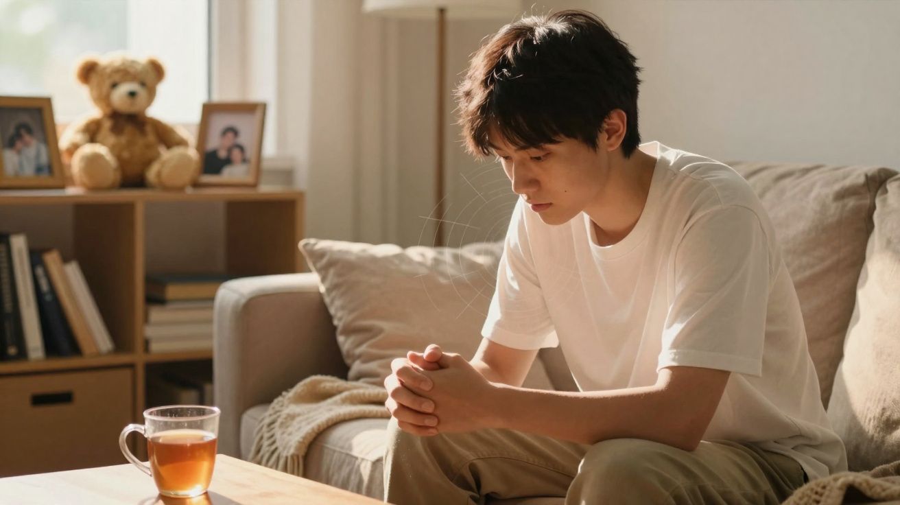 Jovem sentado no sofá com expressão pensativa e caneca de chá numa mesa à frente numa sala acolhedora.