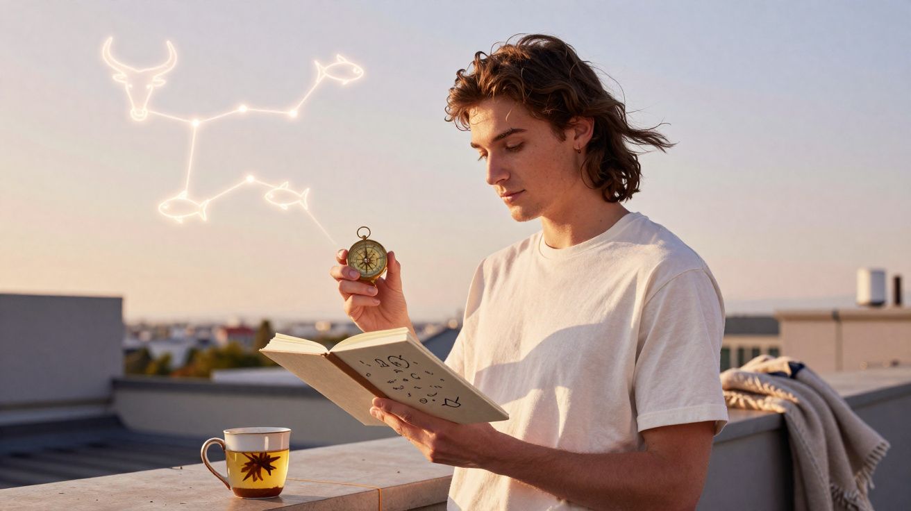 Homem a ler um livro de astronomia e a segurar uma bússola, com constelações iluminadas no céu ao pôr do sol.