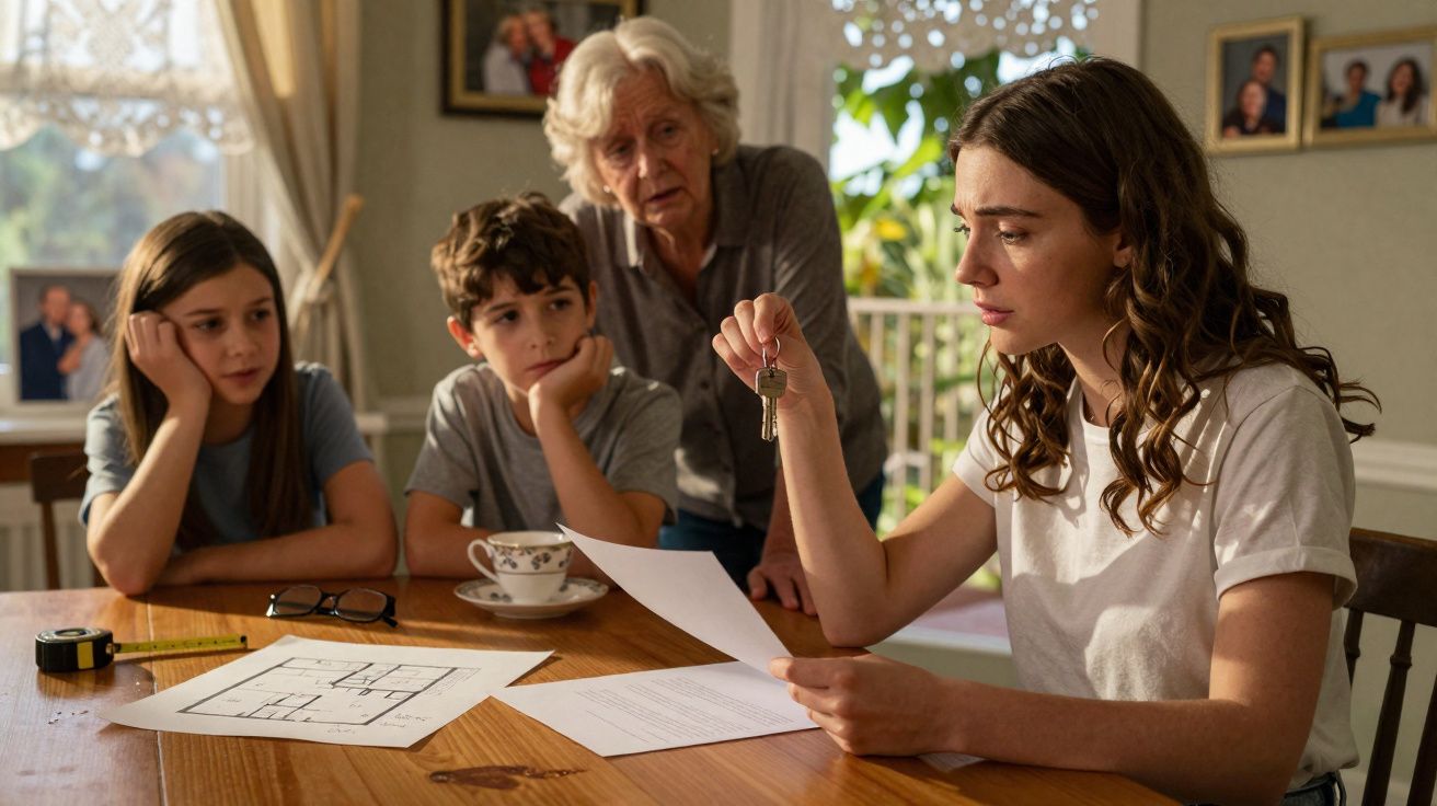 Jovem mulher segura chave e documento, com criança, rapaz e idosa a observarem à mesa de madeira.
