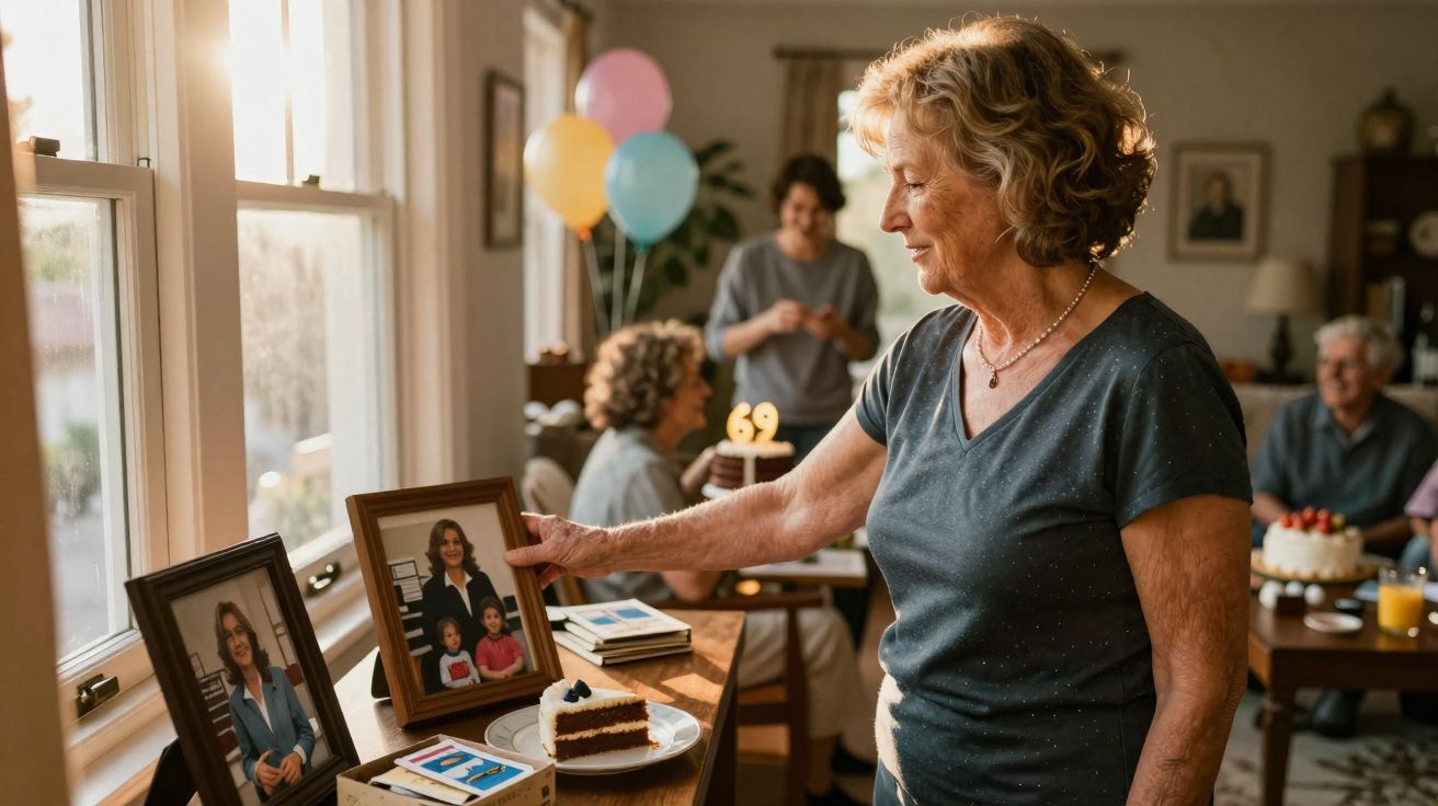 Mulher idosa a olhar fotos em molduras num aniversário em casa com familiares e bolo.