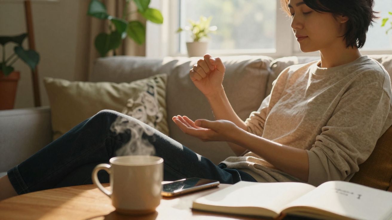Pessoa sentada no sofá a aplicar óleo essencial nas mãos junto a uma chávena fumegante e livro aberto.