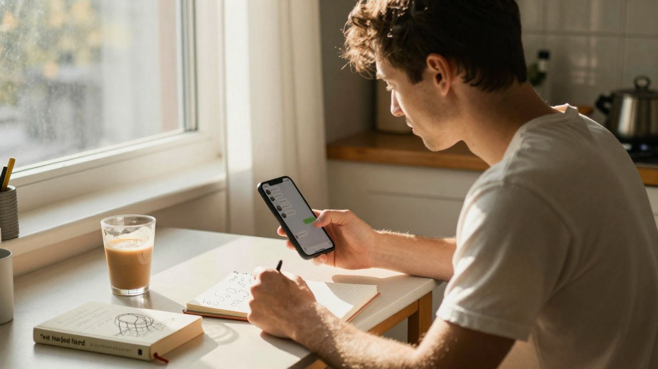 Homem sentado à mesa, fazendo anotações num caderno e a consultar o telemóvel numa sala iluminada.