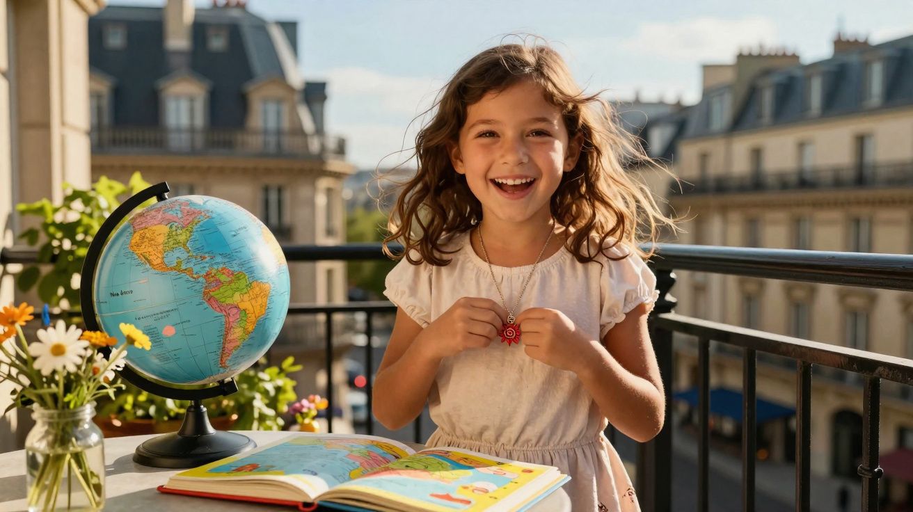 Menina sorridente num terraço com globo, livro aberto e flores numa jarra ao sol.