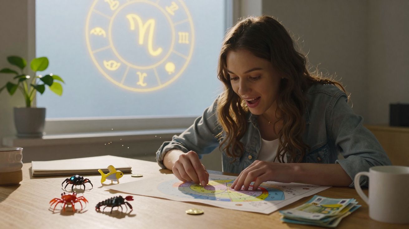 Mulher a sorrir enquanto analisa um mapa astral numa mesa com brinquedos e símbolos astrológicos na janela.