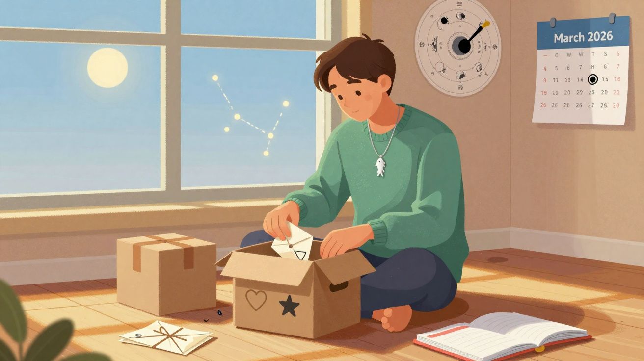 Jovem sentado no chão a abrir cartas dentro de uma caixa, perto de calendário de março de 2026.