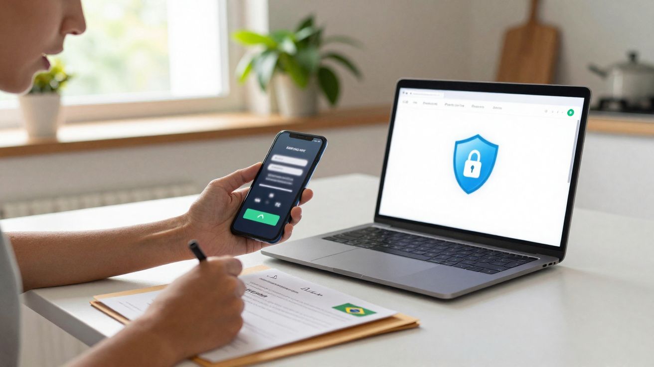 Pessoa a preencher formulário enquanto verifica autenticação no smartphone com computador aberto em página de segurança digit