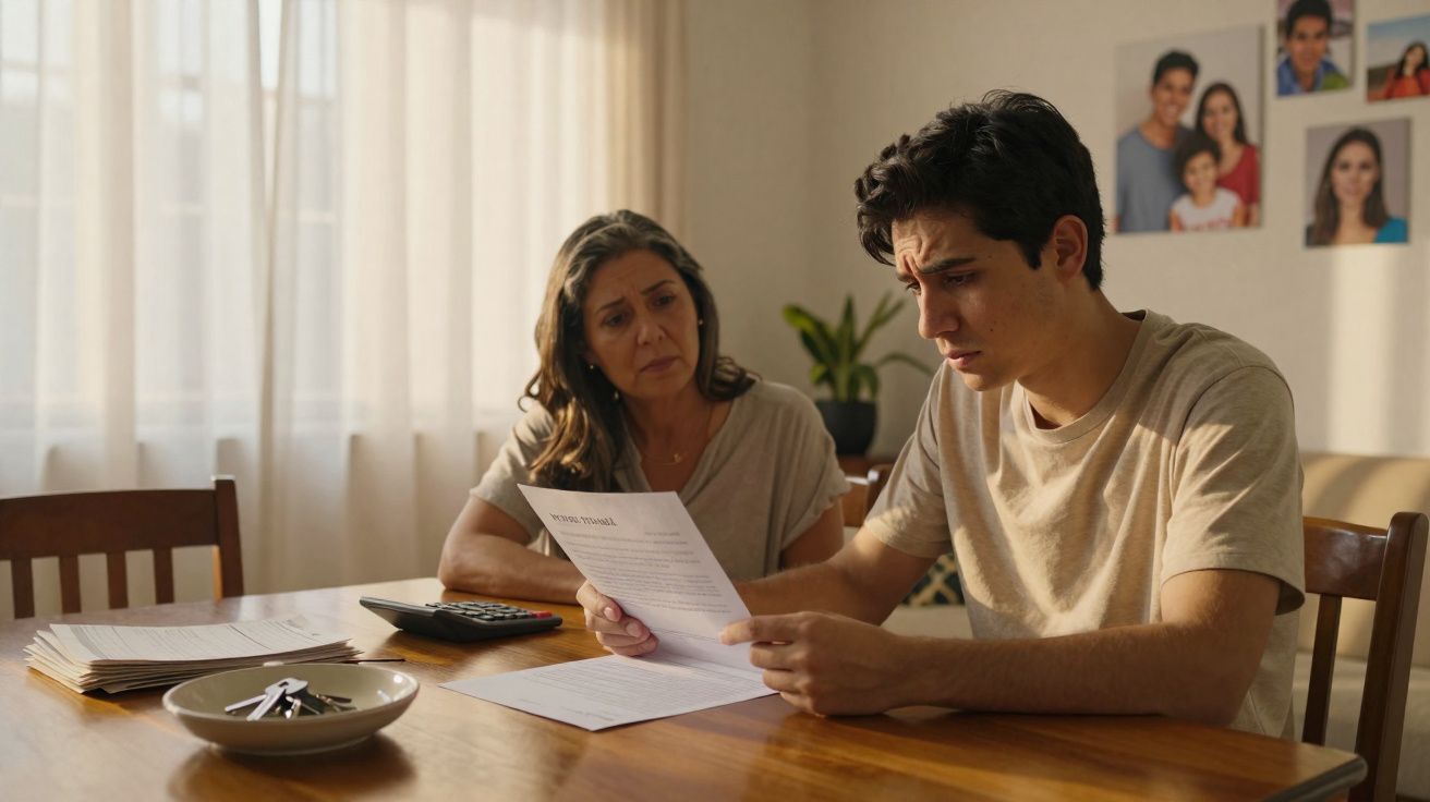 Jovem preocupado lê documento com mulher ao seu lado, ambos sentados à mesa com papéis espalhados.