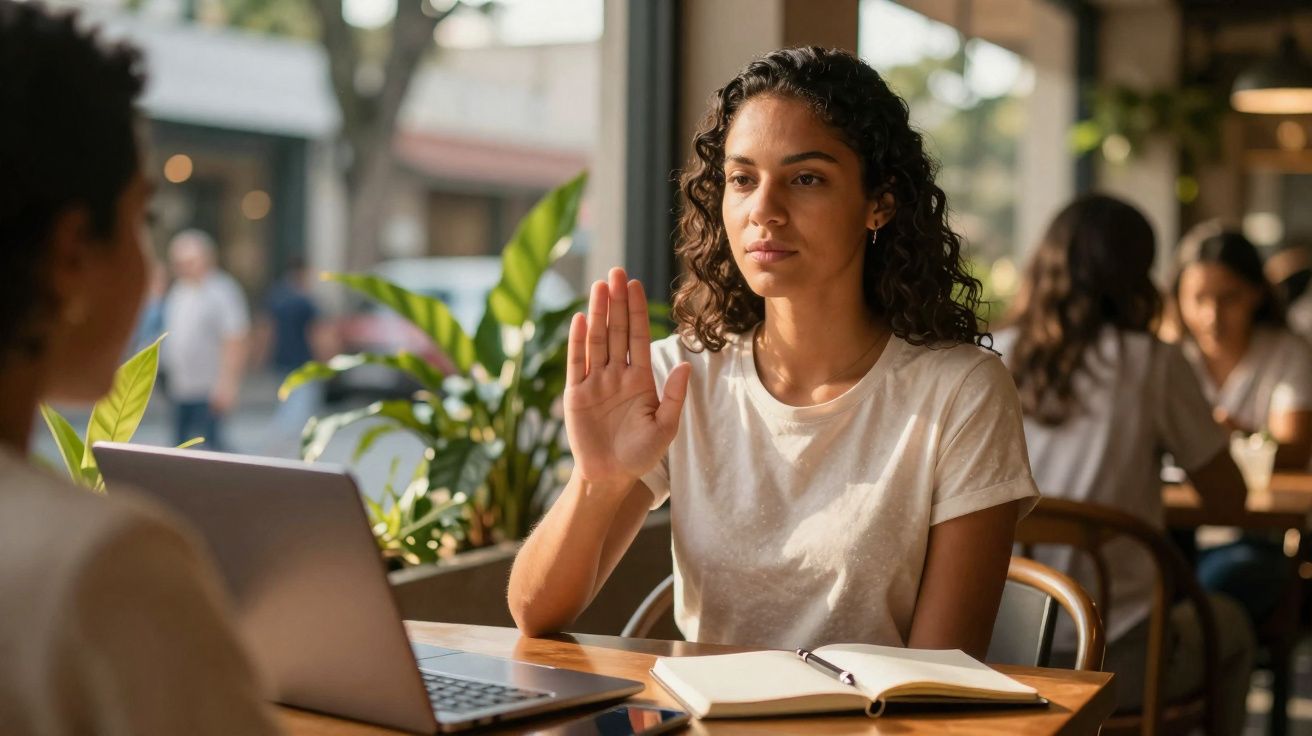 Mulher jovem sentada numa mesa com portátil e caderno, levantando a mão num gesto de paragem.