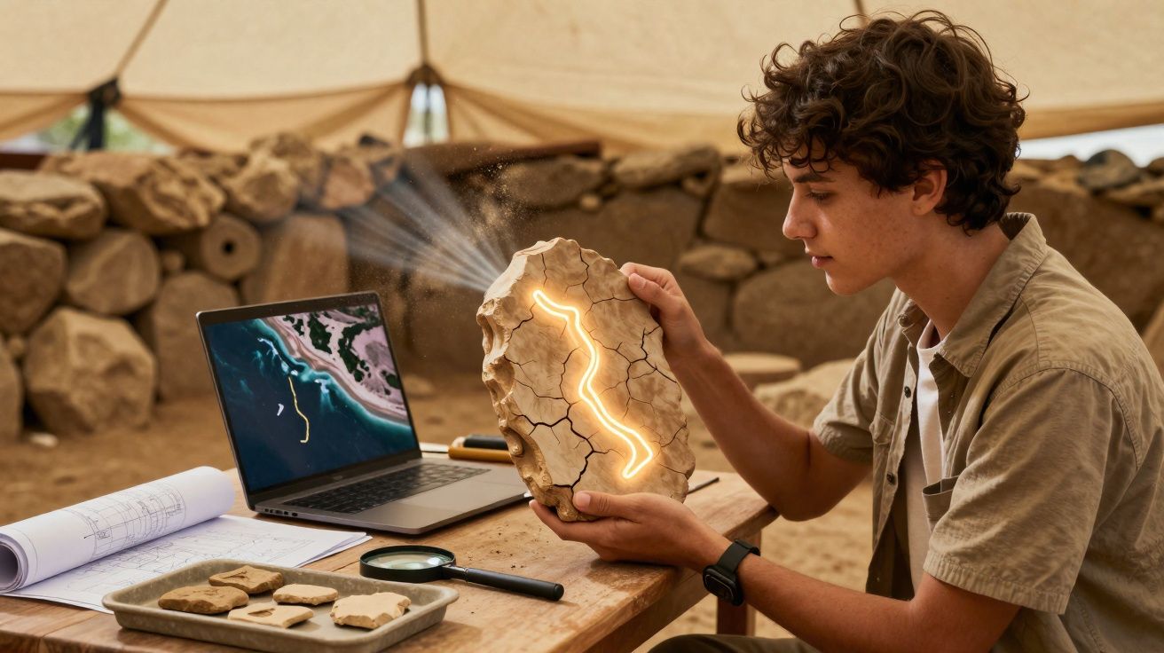 Jovem arqueólogo analisa pedra rachada com uma linha luminosa junto a laptop e ferramentas de escavação.