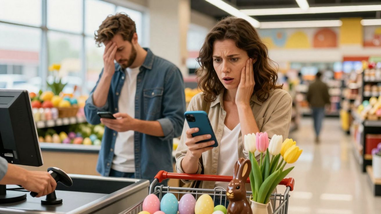 Mulher e homem preocupados no supermercado, mulher vê telemóvel e carrinho tem ovos coloridos e chocolate.