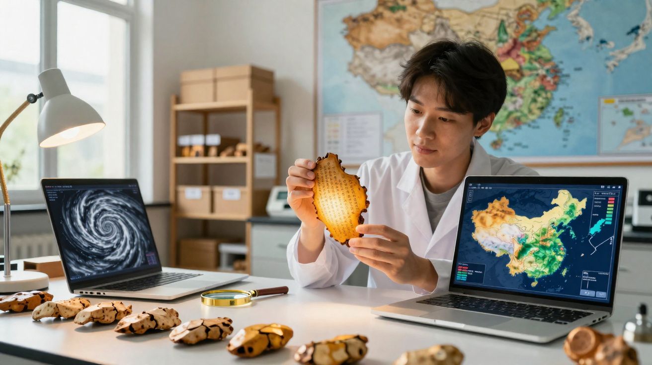 Homem em laboratório analisa modelo tridimensional de um objeto, com mapas em dois computadores portáteis à sua frente.