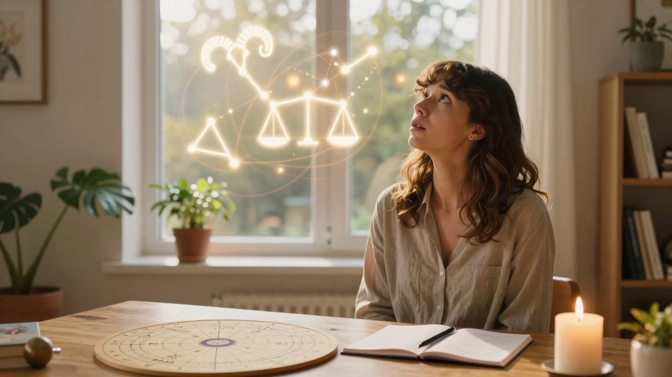 Mulher sentada à mesa com carta astrológica, olhando símbolo iluminado do signo de Libra na janela.