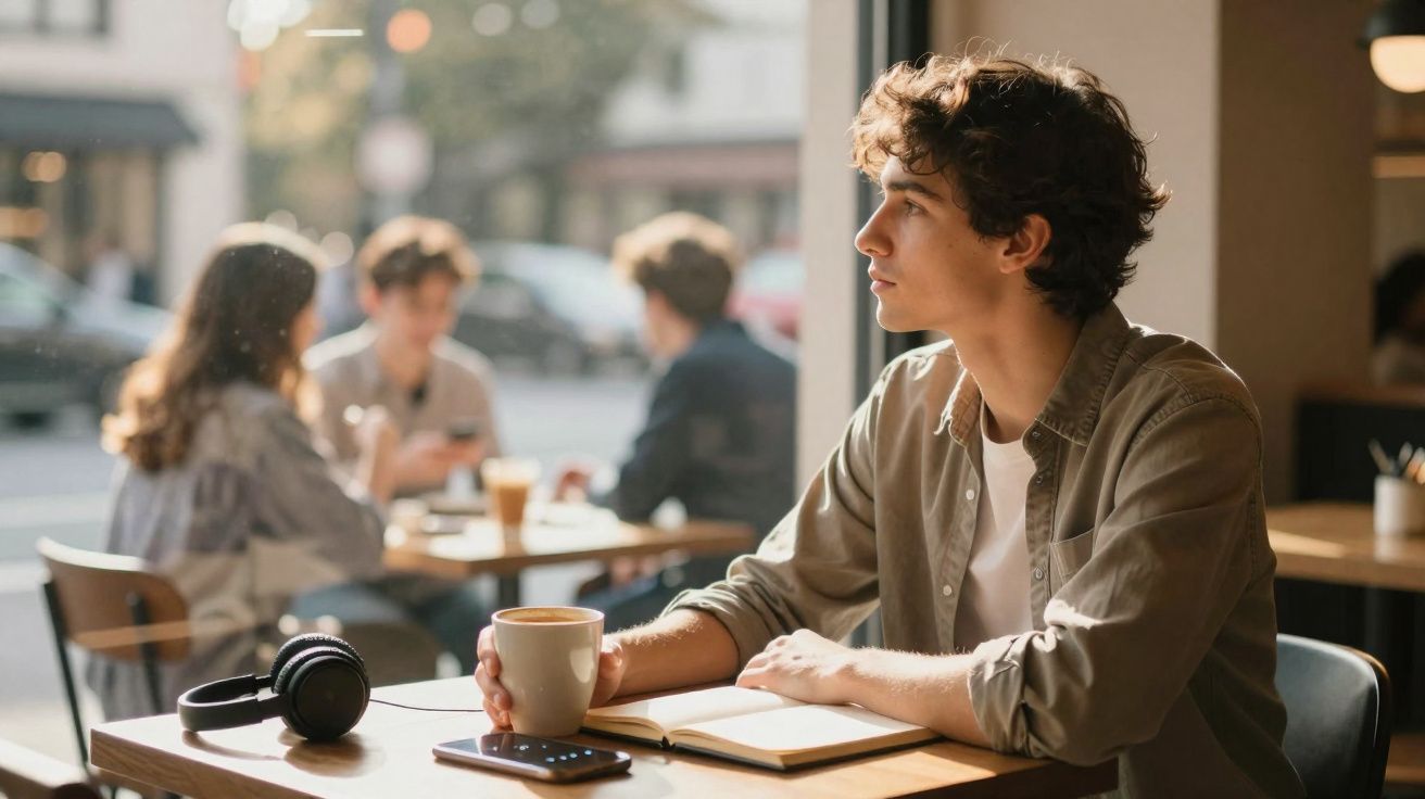 Jovem sentado numa cafetaria, segurando uma chávena, com auscultadores, telemóvel e caderno à sua frente.