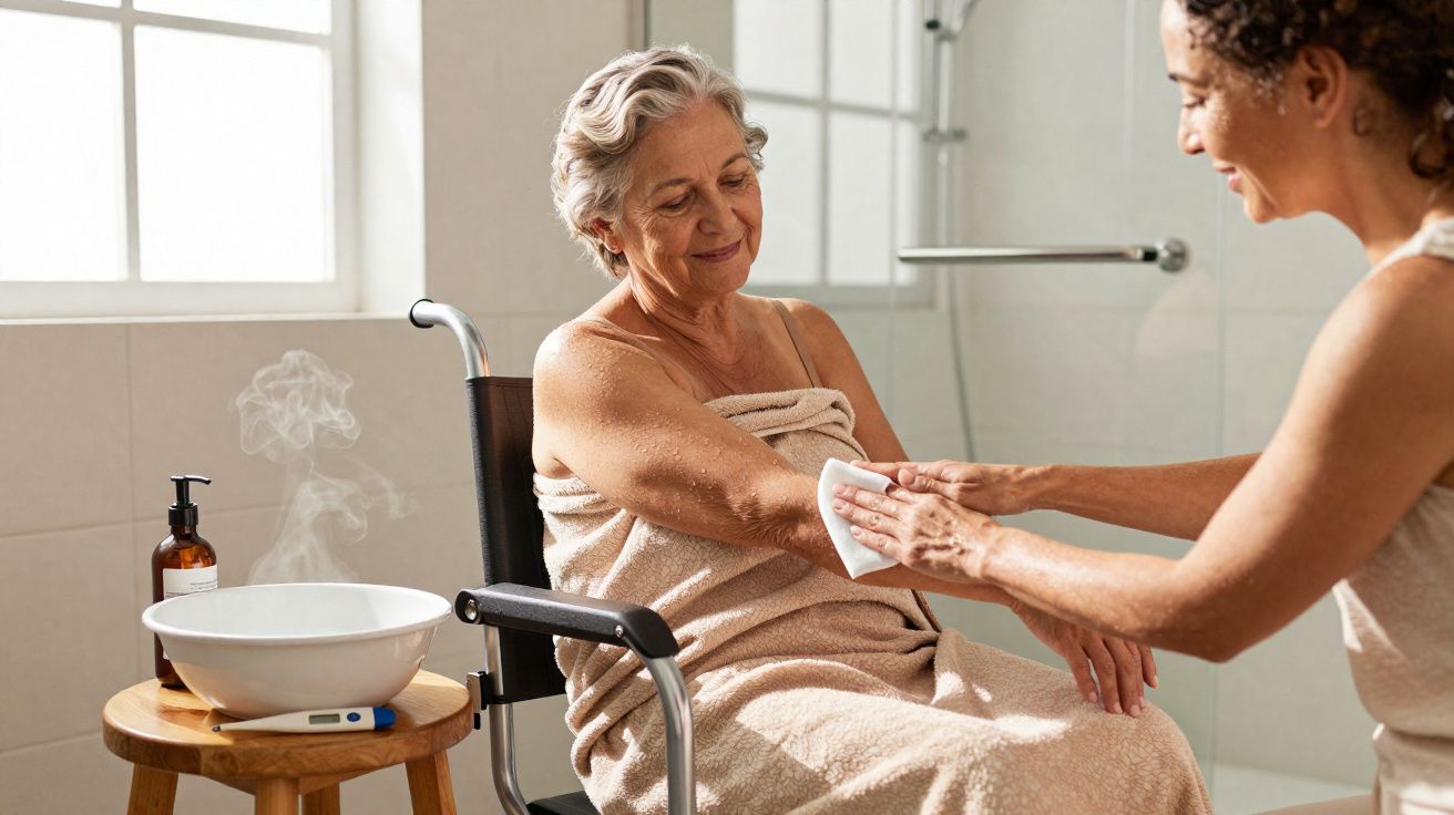 Idosa sentada na cadeira de rodas a ser cuidada por mulher que lhe limpa o braço com toalhete húmido.