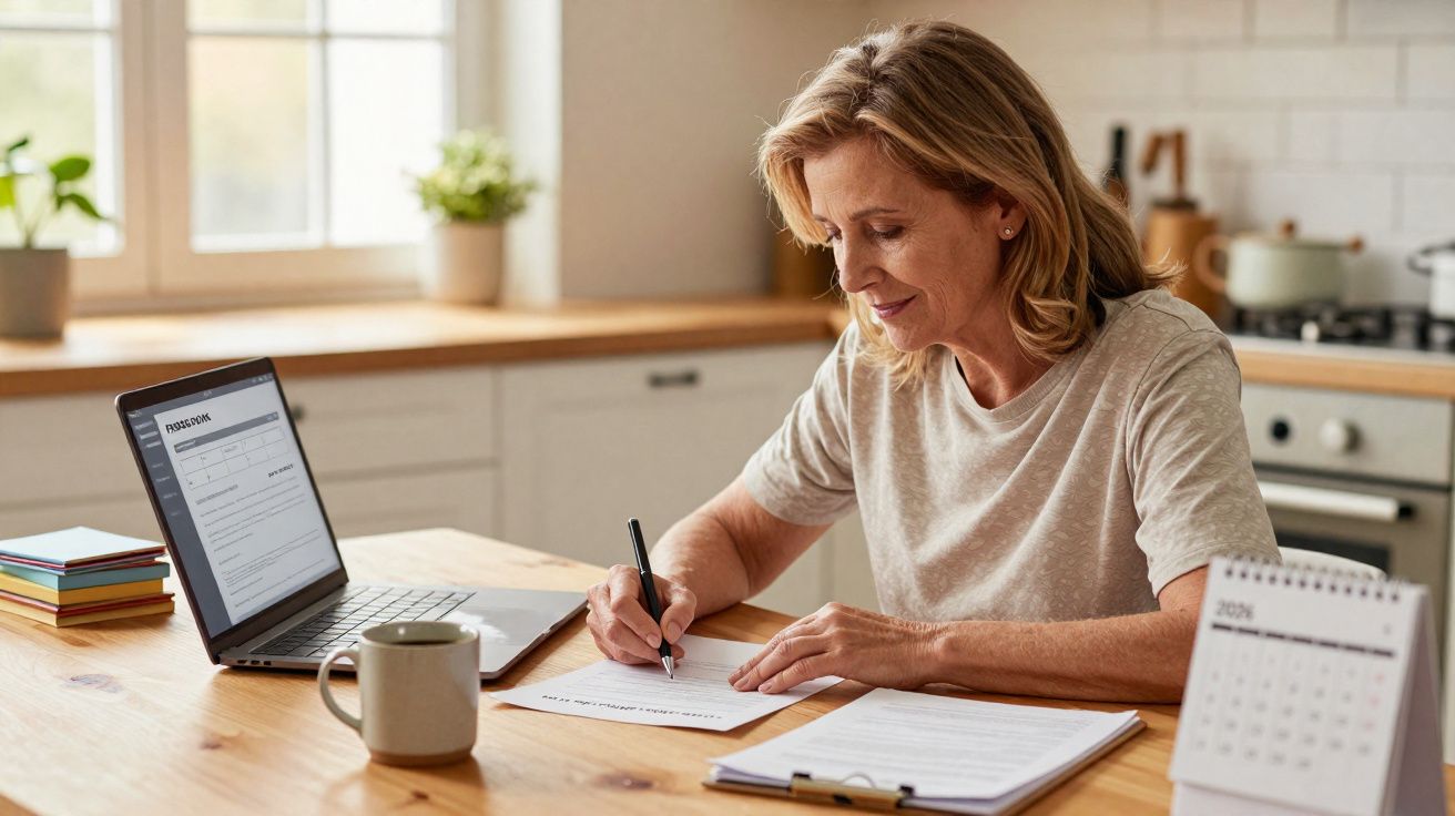 Mulher sentada à mesa a preencher formulários com portátil, caderno e calendário na cozinha iluminada.