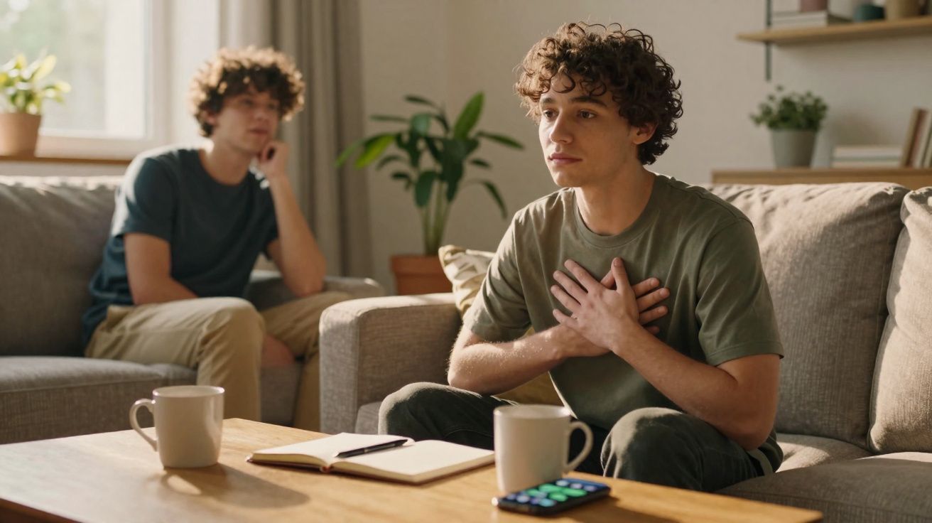 Dois jovens sentados numa sala, um deles com as mãos no peito aparentando desconforto.