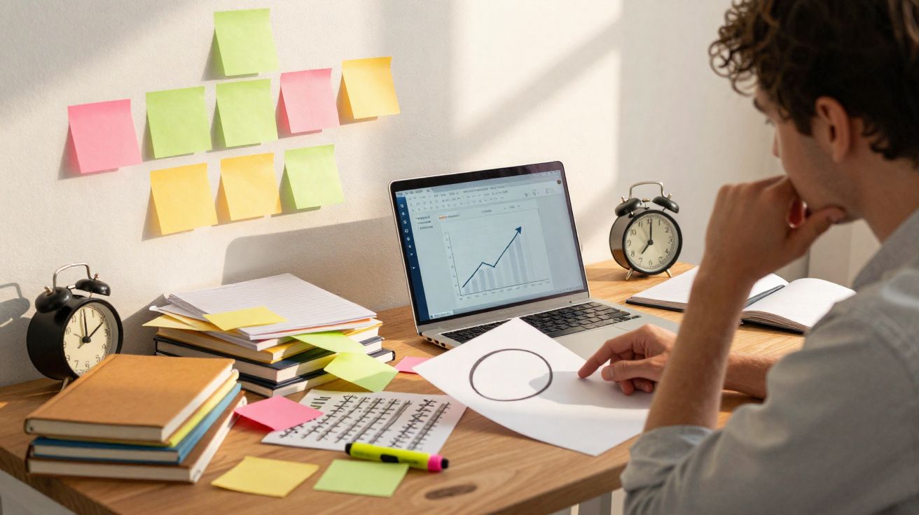 Pessoa a trabalhar numa secretária com computador, post-its coloridos, livros e dois relógios analógicos.