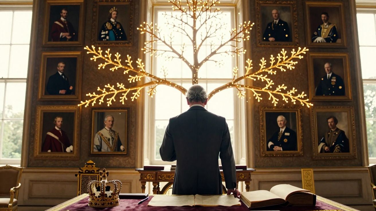 Homem visto de costas diante de janelas com árvore luminosa e molduras com retratos históricos nas paredes.