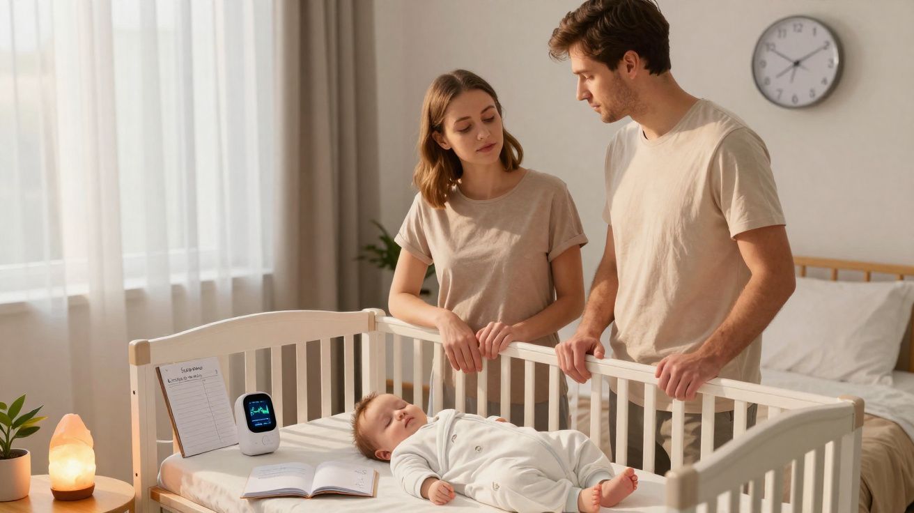 Pais atentos observam bebé a dormir no berço num quarto iluminado e acolhedor.