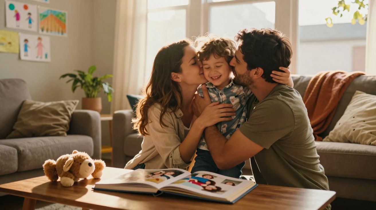 Família sentada na sala, pais beijam o filho sorridente entre sofás e livros.