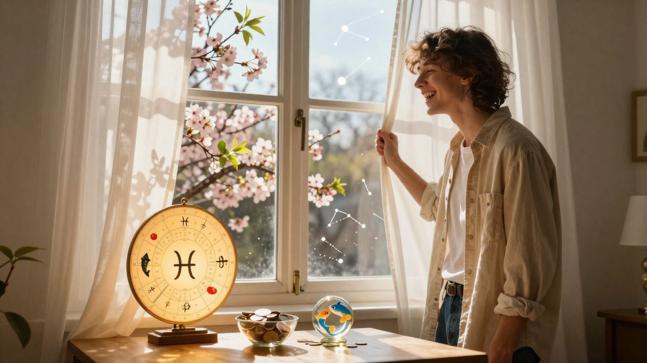 Pessoa sorridente a abrir cortinas junto a janela com símbolos do horóscopo e flores de primavera.